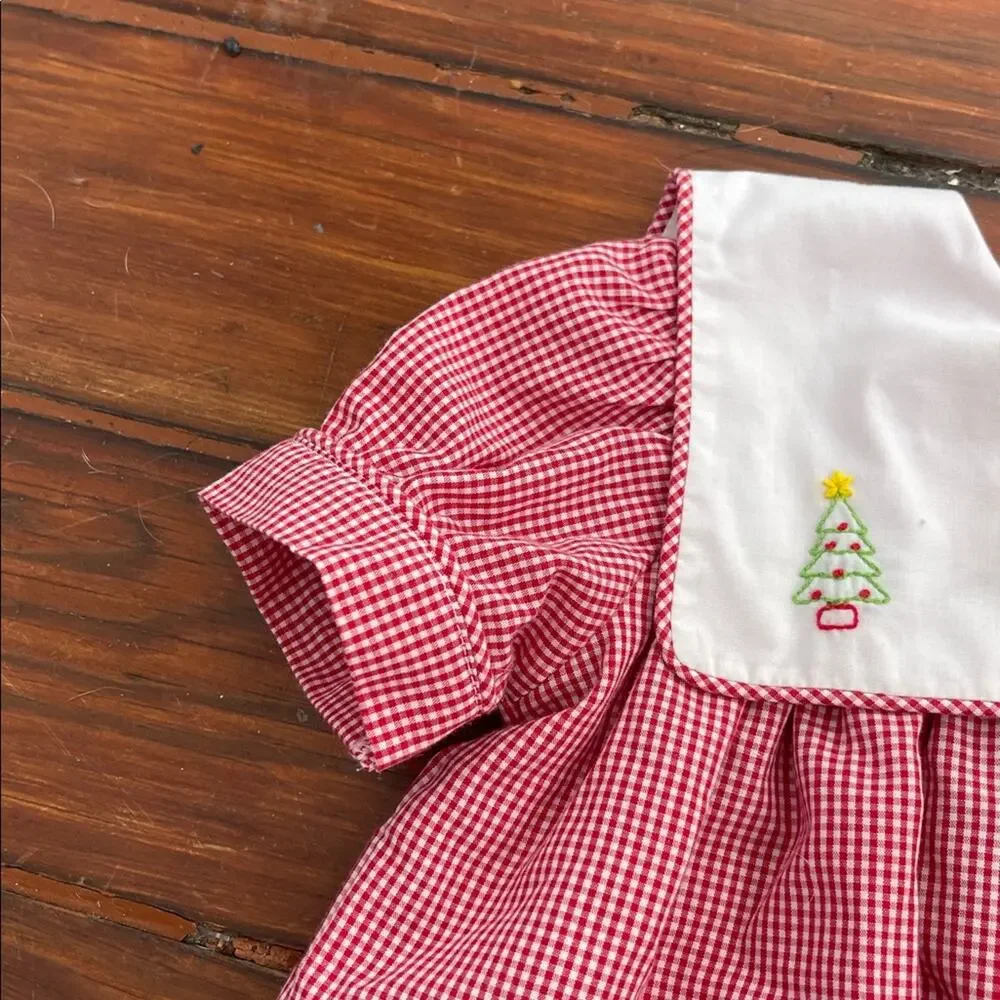 Handmade Holiday Christmas gingham plaid tree embroidered sailor collar dress